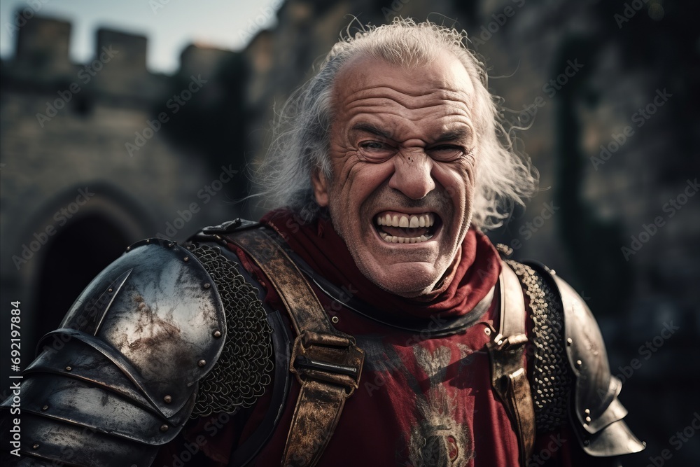 Portrait of an old medieval knight against the backdrop of the castle. Portrait of an old medieval knight against the backdrop of the castle.