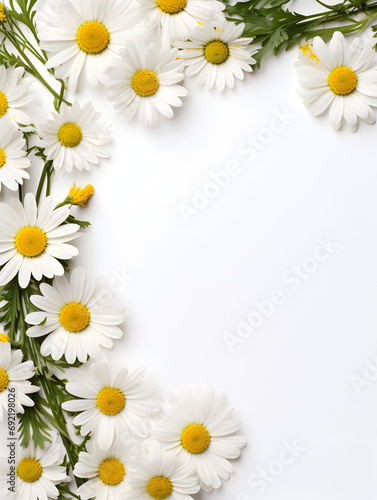 Frame with Daisy chamomile flowers on white background with copy space inside © TatjanaMeininger