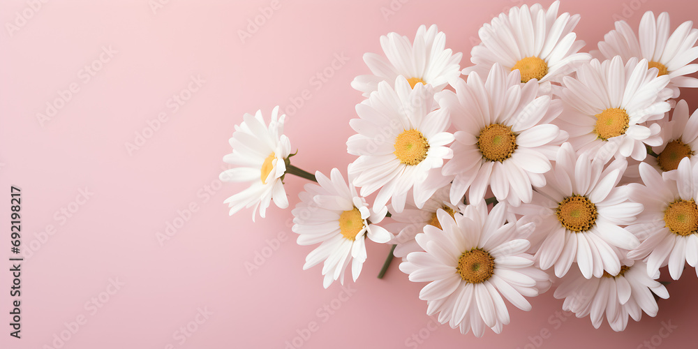 White Daisy chamomile flowers on bastel pink background with copy space for text White Daisy chamomile flowers on bastel pink background with copy space for text