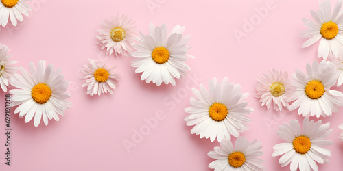 White Daisy chamomile flowers on bastel pink background with copy space for text