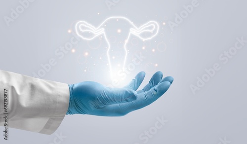 Doctor hands holding virtual human uterus or reproductive system photo