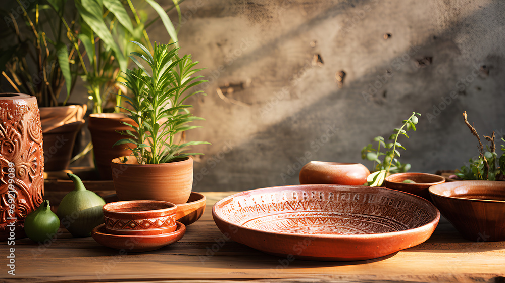 A warm atmosphere with terracotta plates on a wooden table
A warm atmosphere with terracotta plates on a wooden table