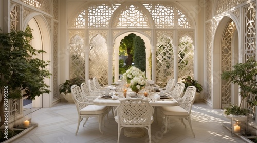 Timeless ivory-themed dining space with opulent crystal lighting  extending to a private patio showcasing a Mediterranean-inspired mosaic floor and pergola