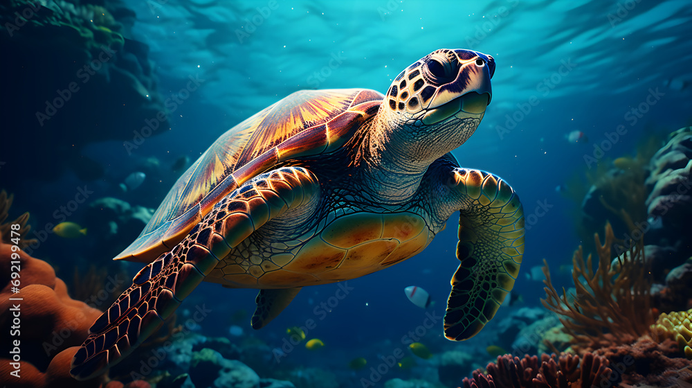 Fototapeta premium Beautiful sea turtle body portrait swimming in the ocean 