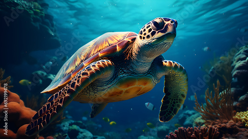 Beautiful sea turtle body portrait swimming in the ocean  © emaotx
