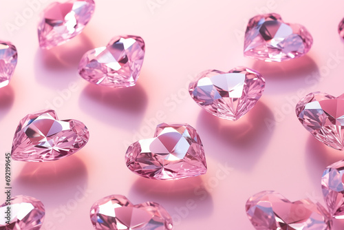 Close up photo of crystals in the shape of hearts floating on a light pink background