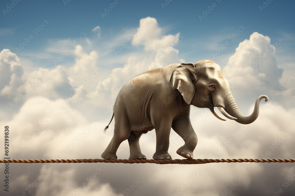 Elephant is balancing on the rope in the cloudy sky background. Generative ai - obrazy, fototapety, plakaty 