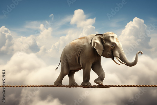 Elephant is balancing on the rope in the cloudy sky background. Generative ai