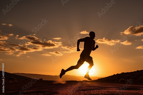 silhouette of a person running on the sunset. Generative ai