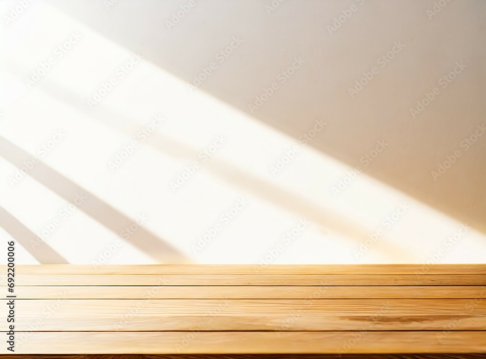 Empty minimal natural wooden table counter podium, beautiful wood grain in sunlight, shadow on white wall for luxury cosmetic, skincare, beauty treatment, decoration product display Empty minimal natural wooden table counter podium, beautiful wood grain in sunlight, shadow on white wall for luxury cosmetic, skincare, beauty treatment, decoration product display