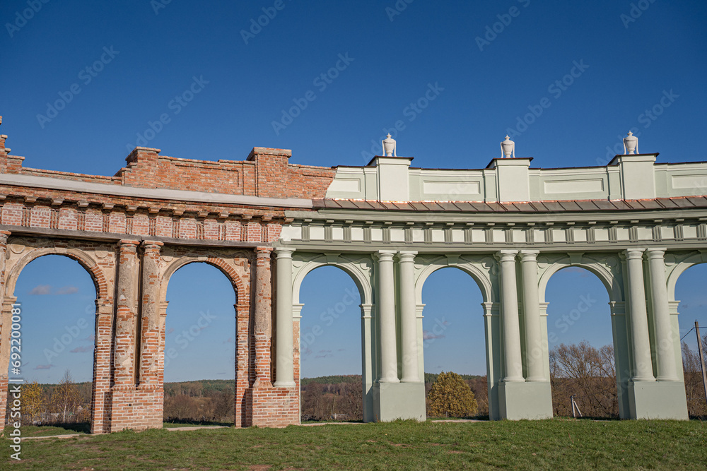 The ruins of an old ruined castle in the city of Ruzhany on the territory of Belarus on a bright, sunny autumn day