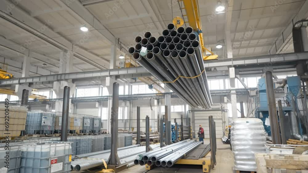 Stockpiling Factory Industrial Crane Machine Lifts Stack Of Manufactured Pipes. Industrial ...