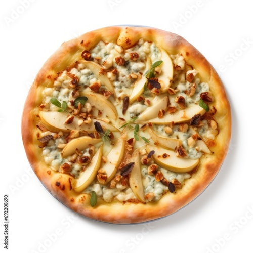pizza with pear, blue cheese and walnut isolated on white background, top view.