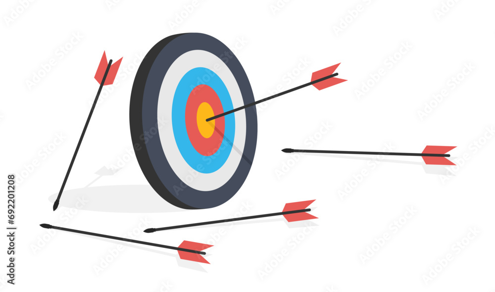 Target with arrows. Lots arrows missed hitting target mark and only one hits the center. No need to be upset, try a lot, you will definitely achieve your goals. Business concept. Flat Vector isolated - obrazy, fototapety, plakaty 