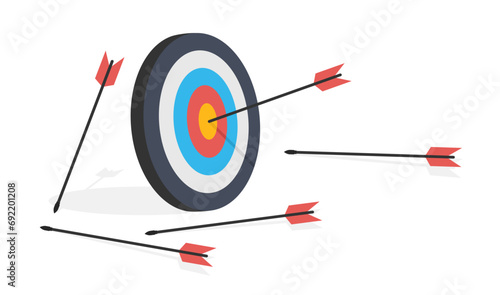 Target with arrows. Lots arrows missed hitting target mark and only one hits the center. No need to be upset, try a lot, you will definitely achieve your goals. Business concept. Flat Vector isolated