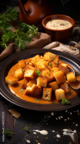 Crispy delicious juicy crispy croutons with garlic and seasoning, croutons in a plate with sauce on a dark background