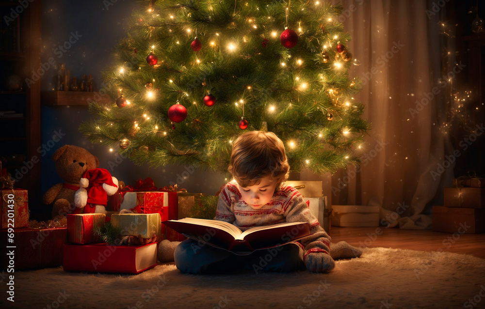 Child reading a book under a Christmas tree Child reading a book under a Christmas tree