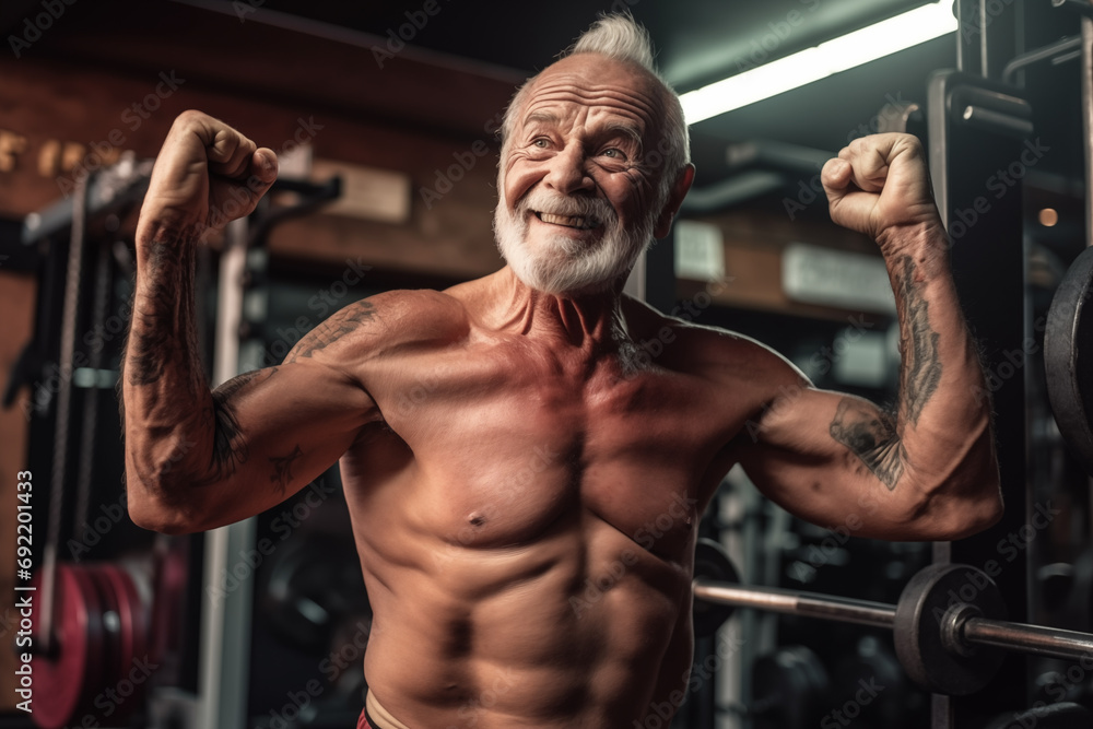 Old athle Muscula. Fitness man at workout. Elderly pensioner old man smiling in gym. 60-70 Year Old Bodybuilder. Funny old grandfather in gym. Pensioner with smile lifts weight in sports club. Old athle Muscula. Fitness man at workout. Elderly pensioner old man smiling in gym. 60-70 Year Old Bodybuilder. Funny old grandfather in gym. Pensioner with smile lifts weight in sports club.