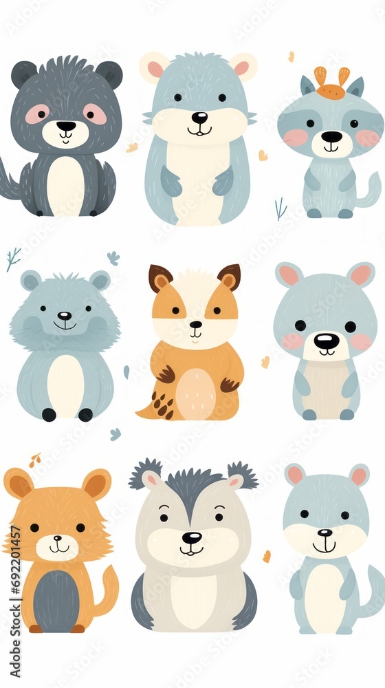 Obraz premium Funny cute bears and animals on a white background, illustration