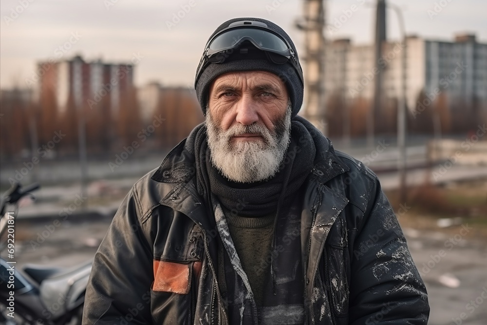 Portrait of an old man with a gray beard and mustache in a motorcycle helmet on the street Portrait of an old man with a gray beard and mustache in a motorcycle helmet on the street