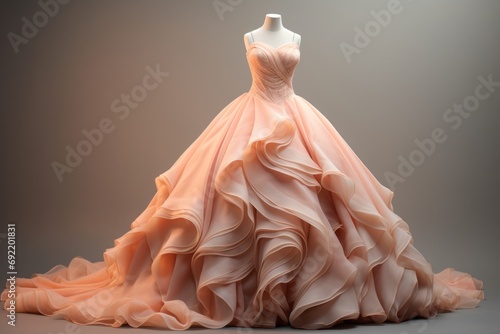 Beautiful ball gown in soft peach color, prom or dinner party concept photo