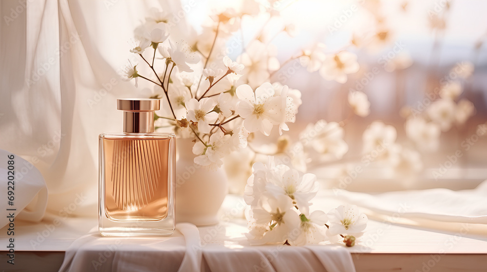 
A bottle of luxurious perfume on the table with flowers in a modern style