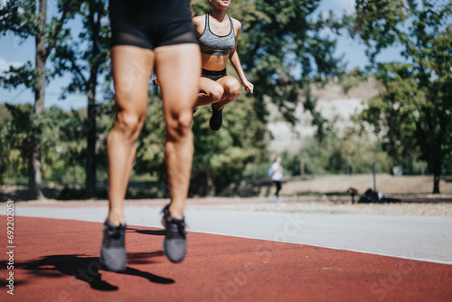 Active lifestyle athletes doing jumps and stretching outdoors in a park. Fit young women training together, promoting a healthy lifestyle.