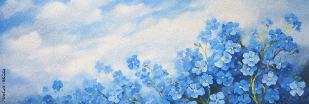 Impasto oil painting of blooming forget-me-nots or scorpion grasses. Beautiful artistic image with canvas texture, ideal as web banner for spring and nature concepts.  - obrazy, fototapety, plakaty 