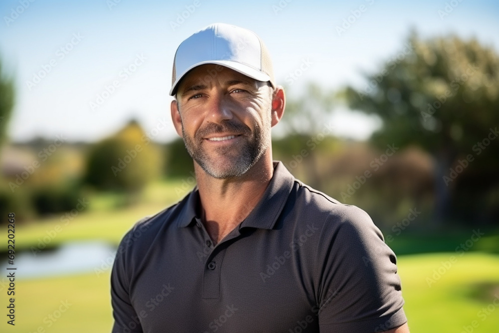 medium shot portrait photography of a man in his 30s that is wearing golf attire, cap against playing golf on a sunny day background medium shot portrait photography of a man in his 30s that is wearing golf attire, cap against playing golf on a sunny day background