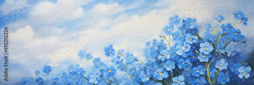 Impasto oil painting of blooming forget-me-nots or scorpion grasses. Beautiful artistic image with canvas texture, ideal as web banner for spring and nature concepts.  photo