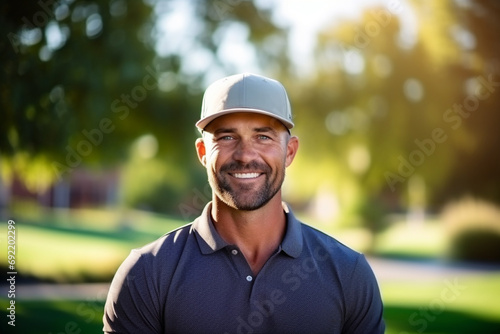 medium shot portrait photography of a man in his 30s that is wearing golf attire, cap against playing golf on a sunny day background