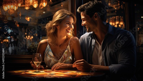 Couple smiling and laughing while sitting at a table in a restaurant