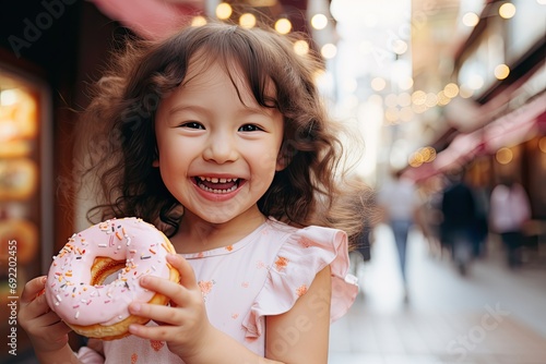 Cute little girl on city street in white pink dress eating a doughnut.