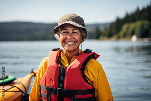 medium shot portrait photography of a a woman in her 40s that is wearing kayaking gear, life vest against kayaking on a serene lake background © PhotoFlex