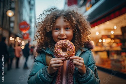 Girl eating a doughnut in the city