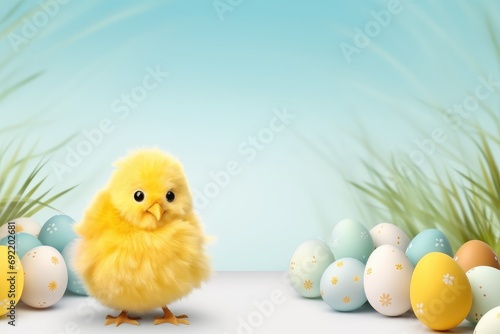 Chicken with Easter eggs in a nest in cartoon style on a blue background. Holiday banner, card