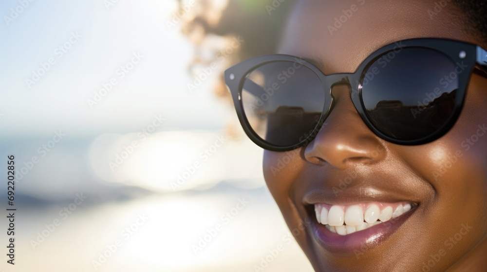 Close-up of a sun-kissed face with sunglasses, blurred background of a beach Close-up of a sun-kissed face with sunglasses, blurred background of a beach