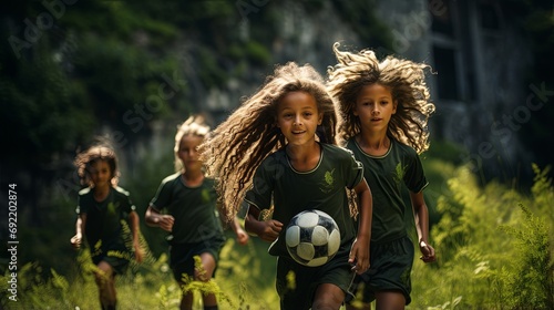 young girls playing soccer outside on a field photo
