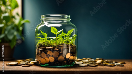 Glass jar Coins and green sprouts save
