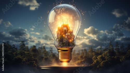 light bulb launching like a rocket with nature background