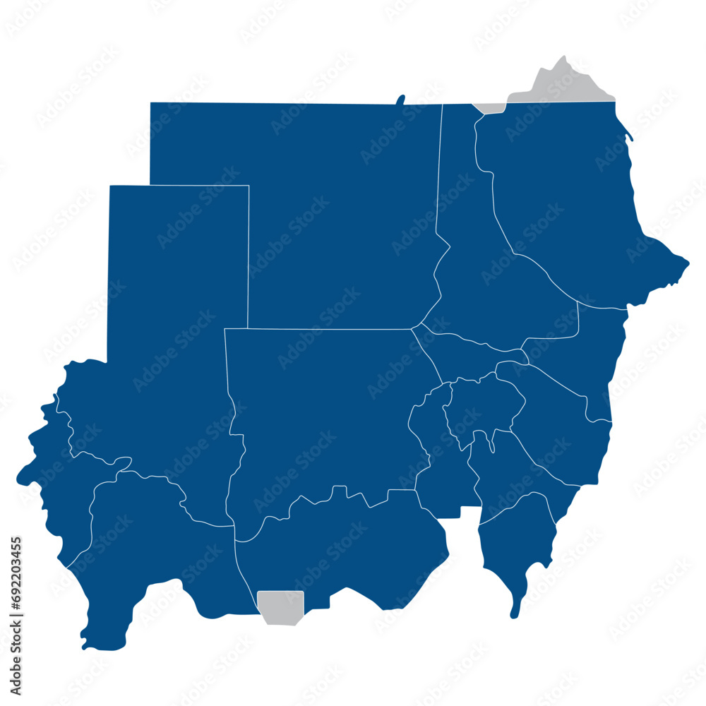Sudan map. Map of Sudan in administrative states in blue color