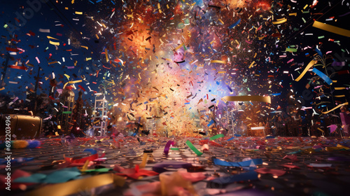 Celebration background template with confetti and variety colors ribbons. AI generative.