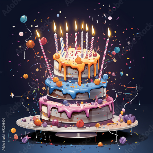 Tort urodzinowy, balony i konfetti
