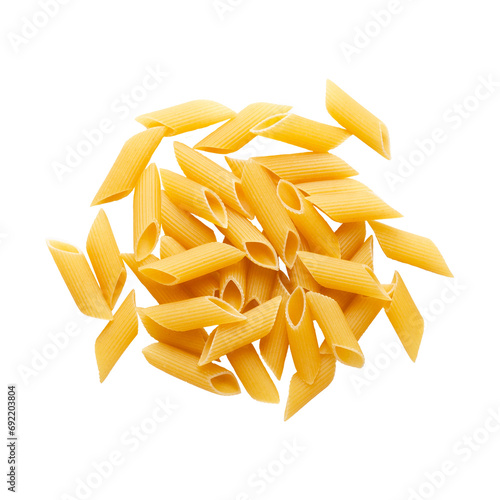 Photography A heap of penne pasta on transparent background. Top view.