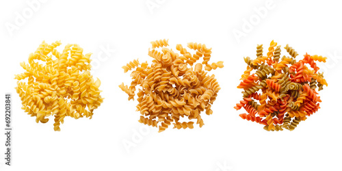 Variety of fusilli pasta on transparent background. Top view. Rectangular format. 