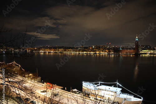 Stockholm Stunning Night Winter View. Town Hall, framed by Lake Malaren.