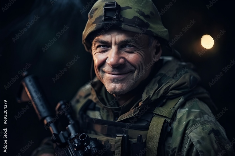 Portrait of a happy soldier with assault rifle on a dark background Portrait of a happy soldier with assault rifle on a dark background