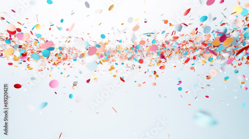 Celebration background template with confetti and variety colors ribbons. AI generative. photo