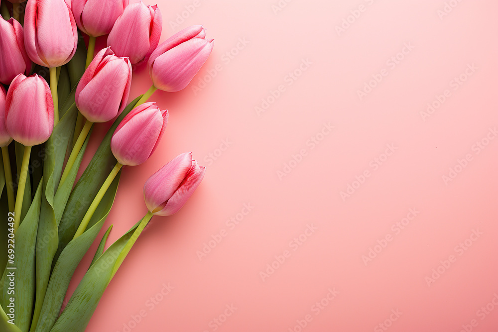 Frame with bouquet of Pink Tulips Flowers, Mother s Day, 8 March, anniversary, pink background. Empty Space Frame with bouquet of Pink Tulips Flowers, Mother s Day, 8 March, anniversary, pink background. Empty Space