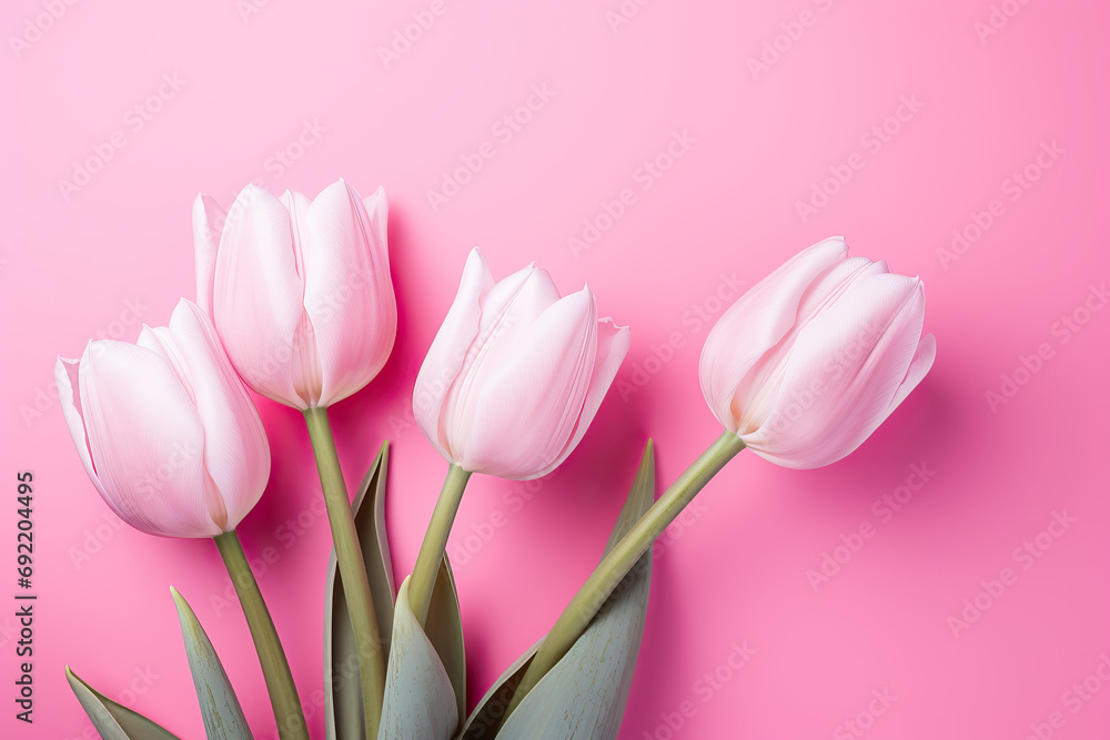 Frame with bouquet of Pink Tulips Flowers, Mother s Day, 8 March, anniversary, pink background. Empty Space